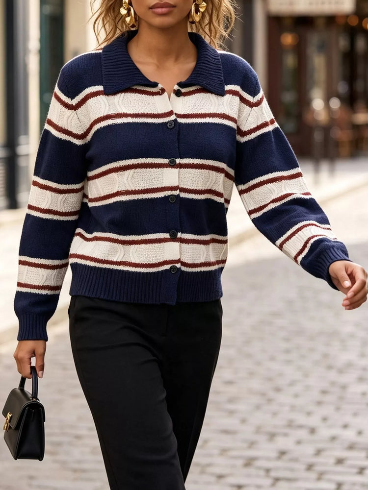 Vintage-Inspired Striped Knit Cardigan with Polo Collar
