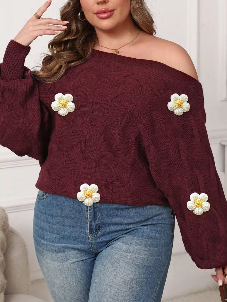 Plus Size One-Shoulder Floral Applique Sweater