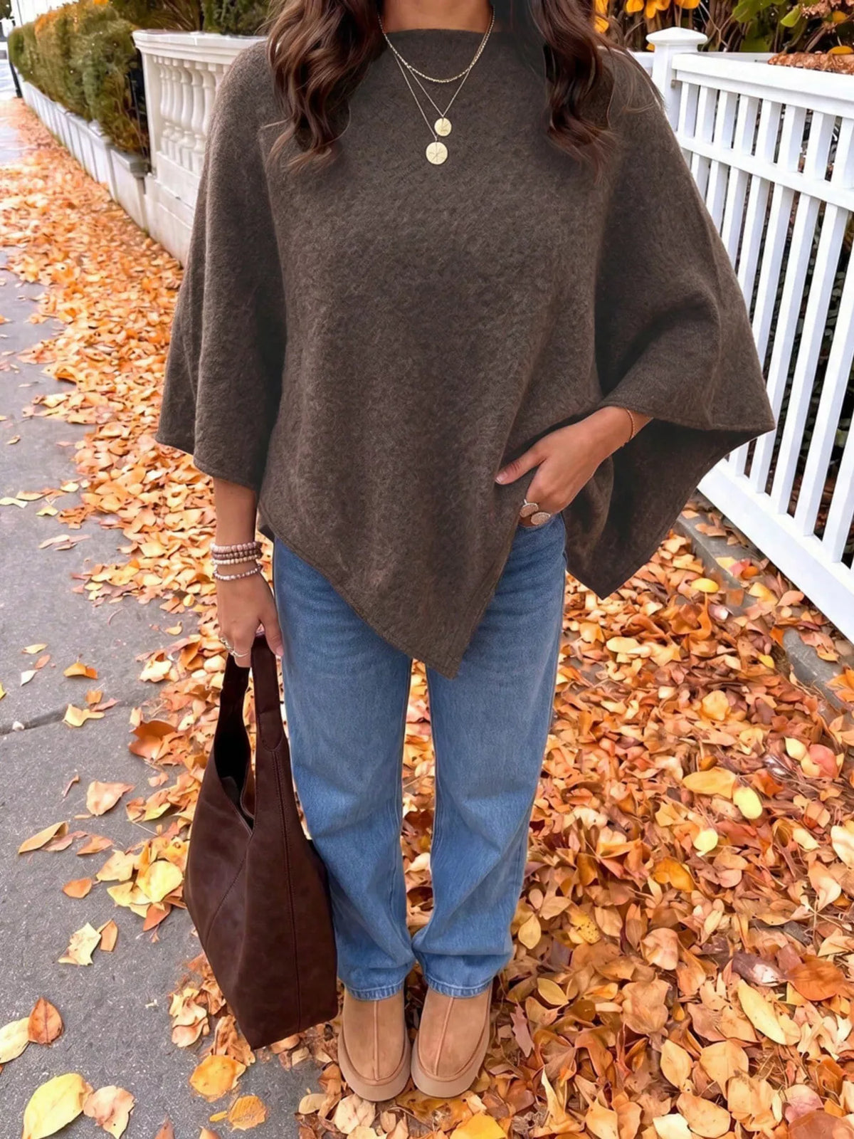 Brushed Loose Shawl Round-Neck Cape Sweater with Bat Sleeves