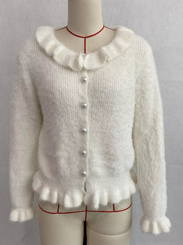 Soft Fuzzy Cardigan with Ruffled Collar and Pearl Buttons