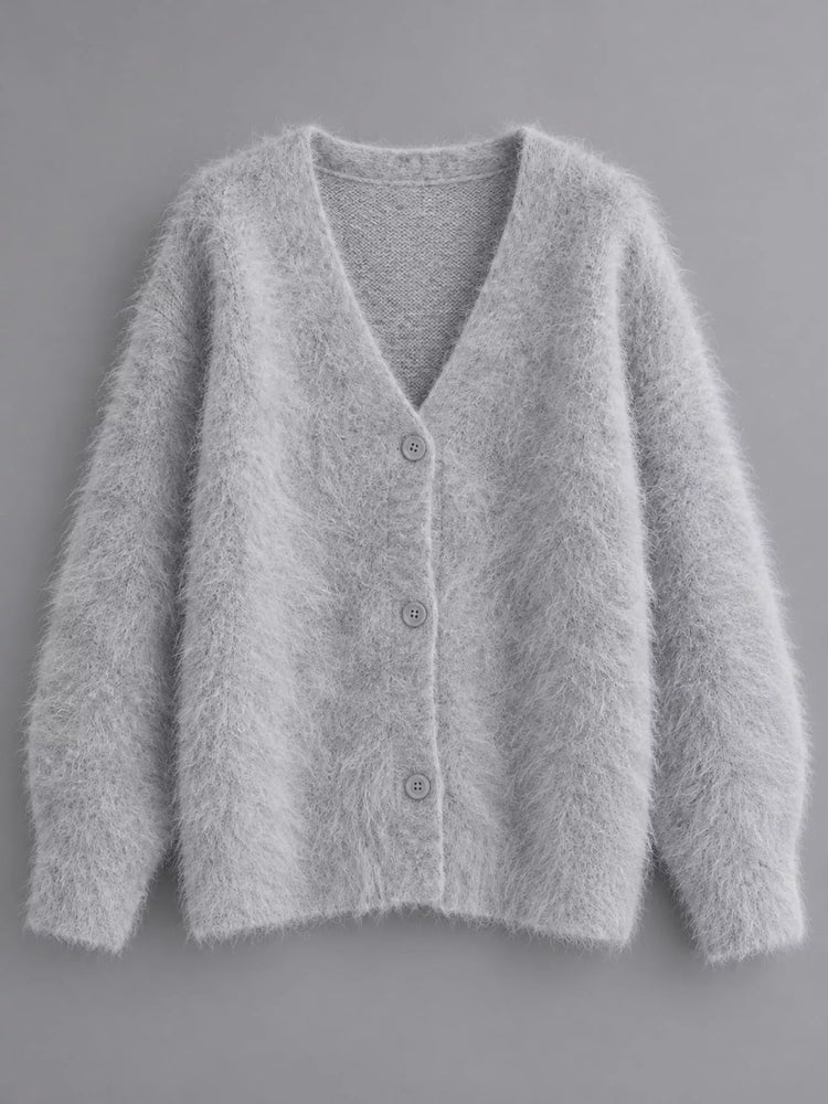 Fuzzy V-Neck Button-Down Cardigan