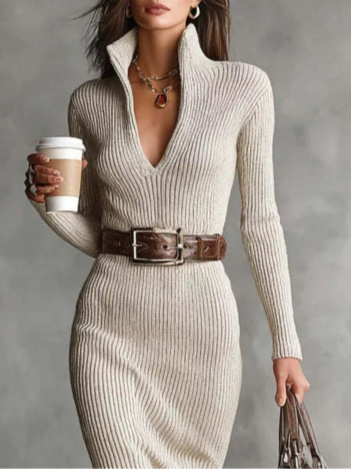 Ribbed Knit V-Neck Sweater Dress