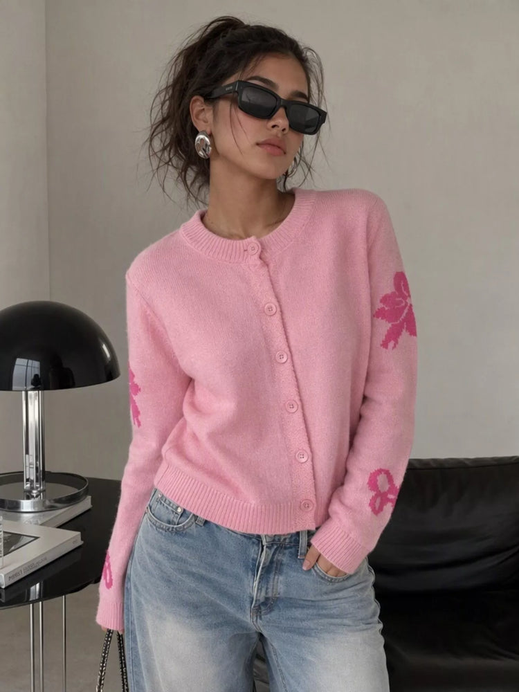 Floral Crew Neck Cropped Knit Cardigan