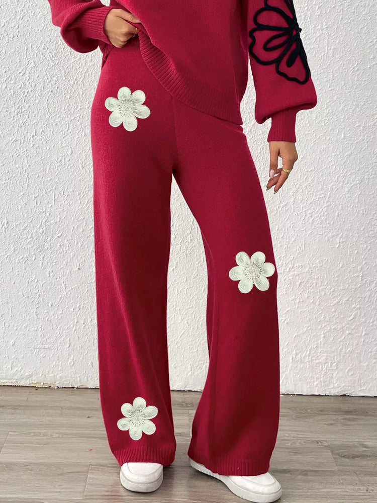 High-Waisted Wide-Leg Sweater Pants with Floral Beaded Decor