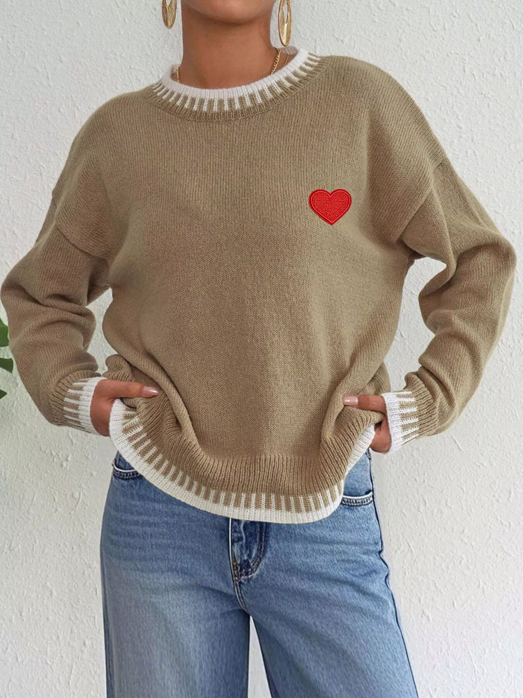 Heart-Embroidered Contrast Trim Sweater