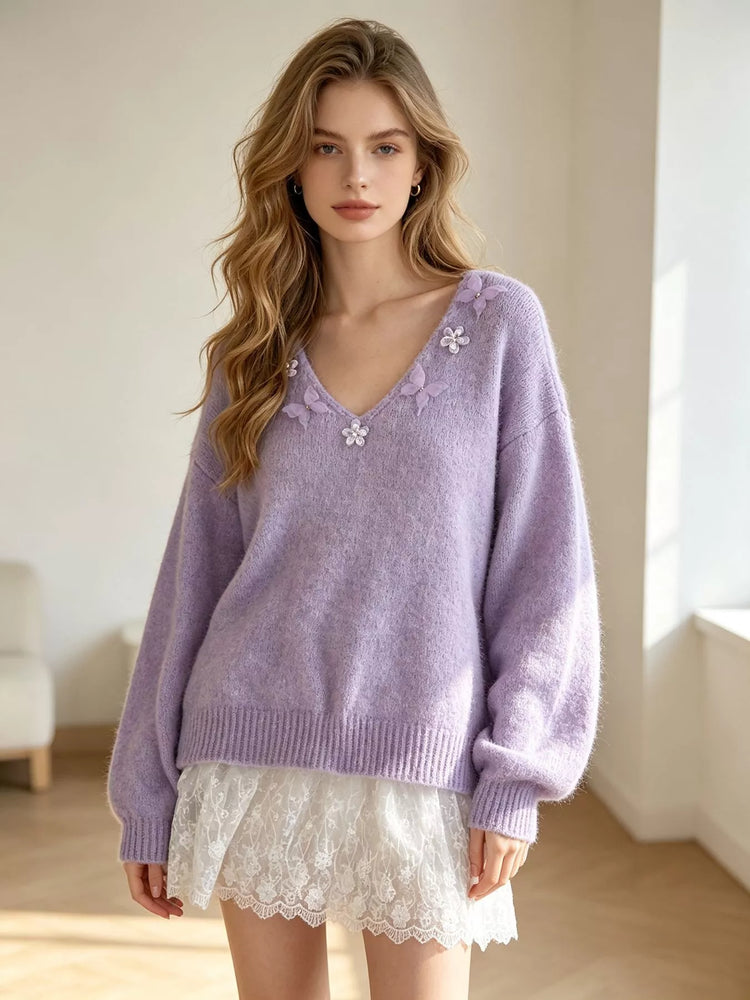 V-Neck Floral Applique Lace Hem Sweater