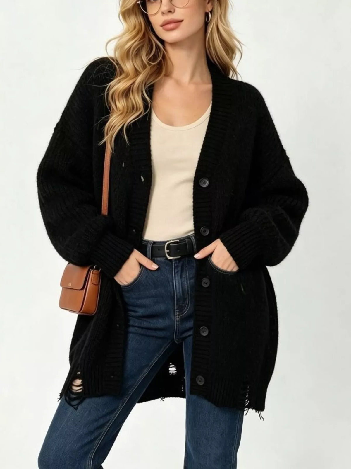 Full Size Distressed Oversized V-Neck Button-Down Cardigan Plus Size