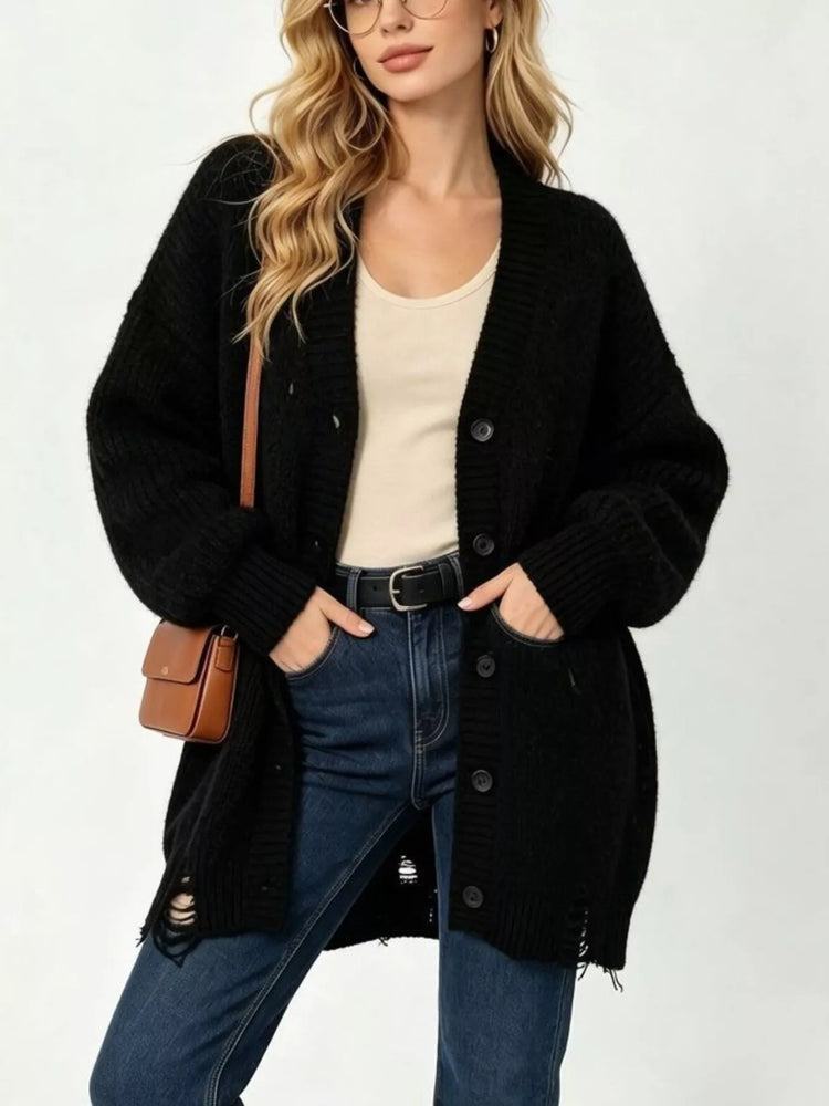 Full Size Distressed Oversized V-Neck Button-Down Cardigan Plus Size