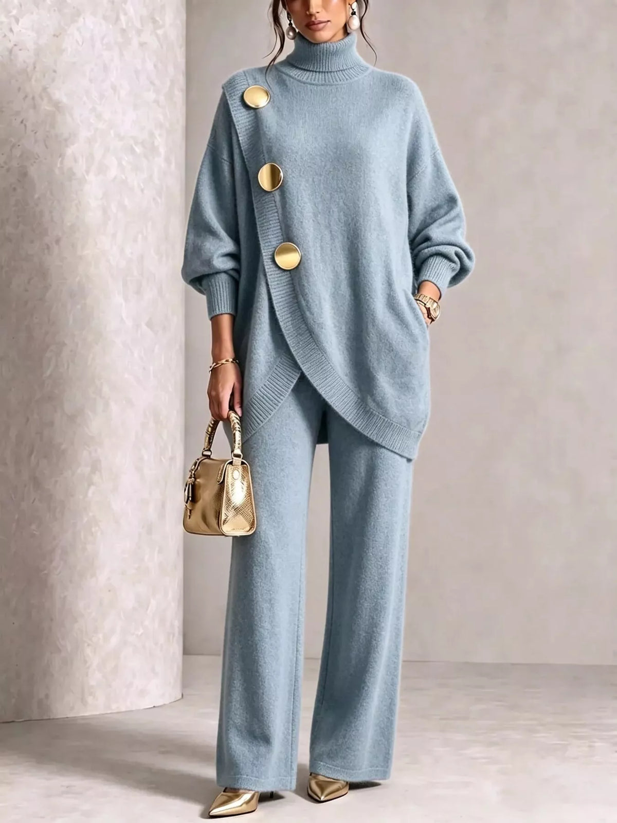 Gold Button Accent Turtleneck Sweater and Pants Set