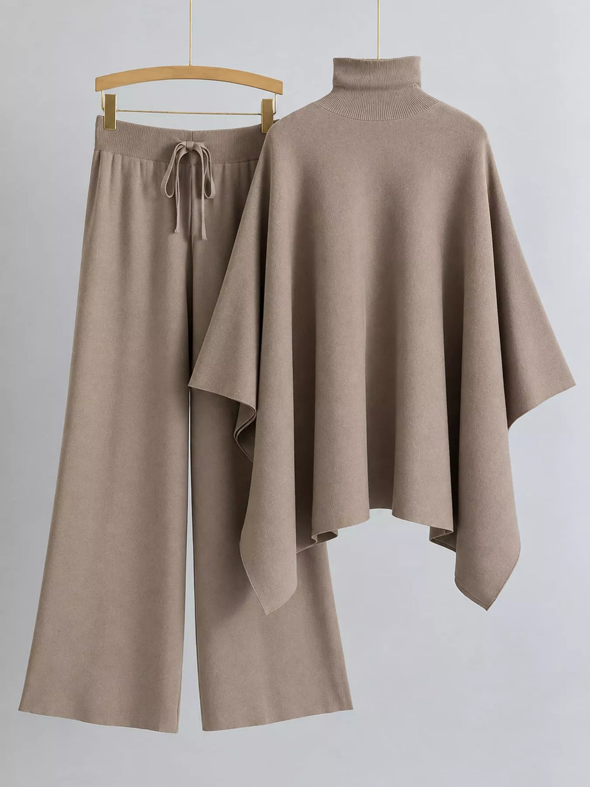 Elegant Turtleneck Poncho Sweater and Wide-Leg Knit Pants Set
