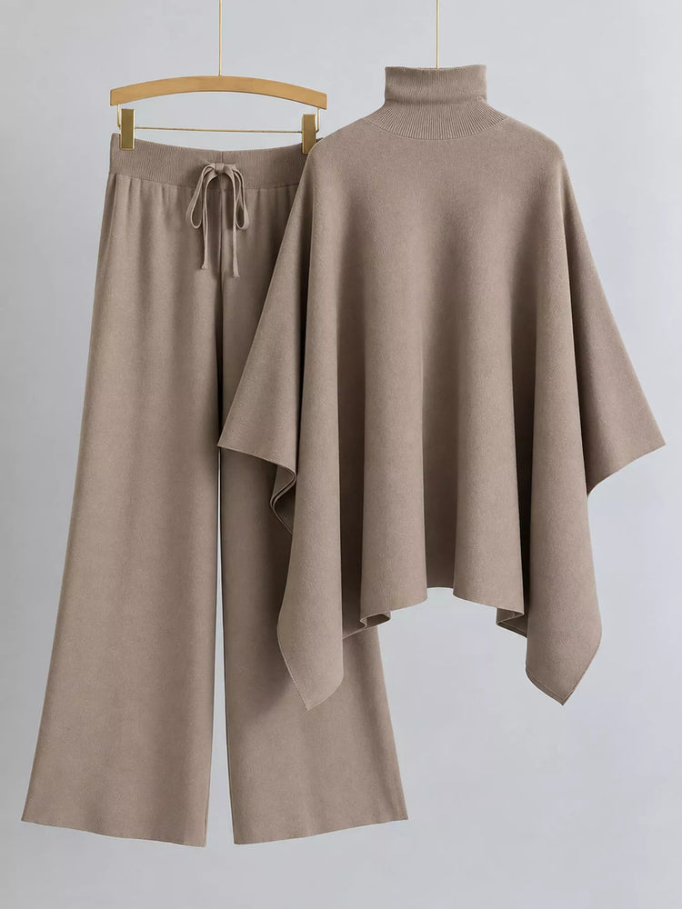 Elegant Turtleneck Poncho Sweater and Wide-Leg Knit Pants Set