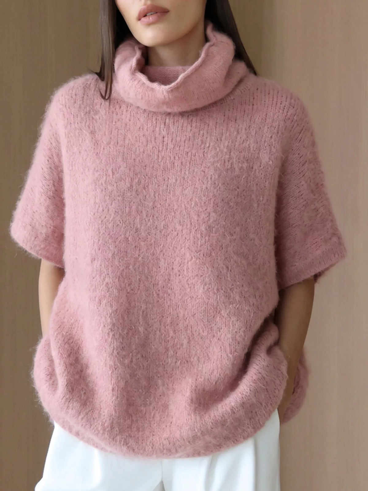 Turtleneck Fuzzy Short Sleeve Sweater