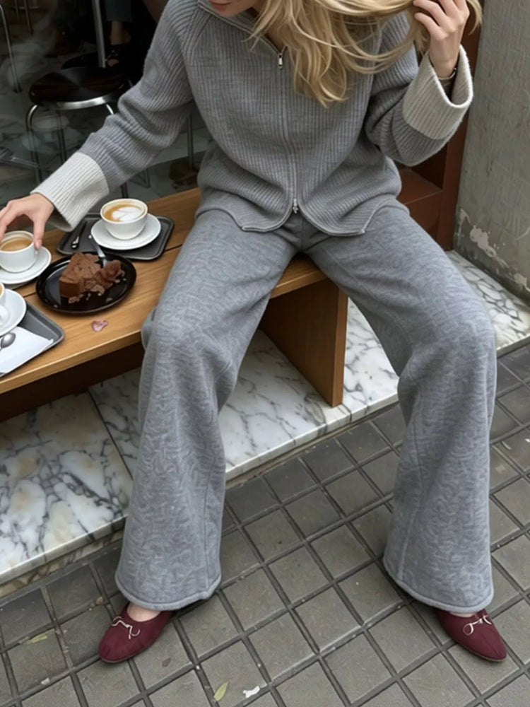 Zip-Up Contrast Cuff Cardigan and Pants Sweater Set