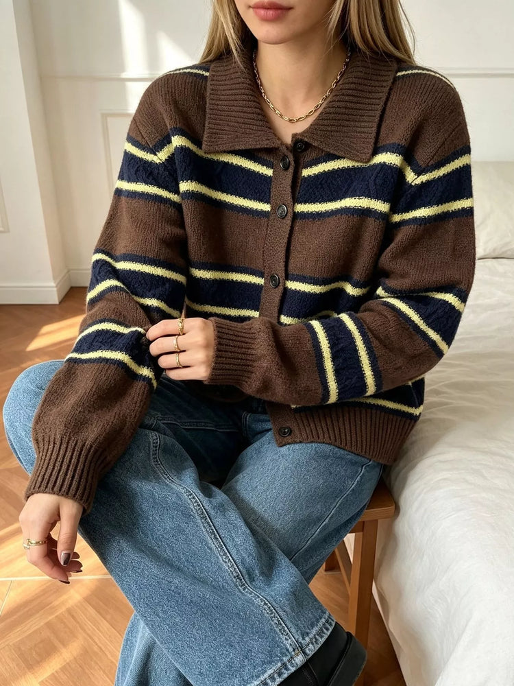 Vintage-Inspired Striped Knit Cardigan with Polo Collar