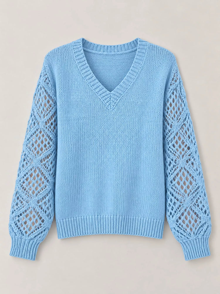 Full Size V-Neck Hollow-Out Long Sleeve Sweater Plus Size