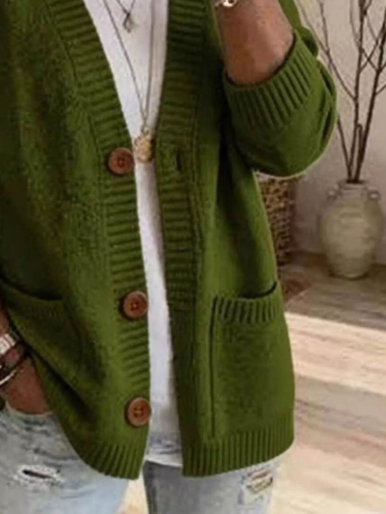 Casual V-Neck Button-Down Knit Cardigan with Pockets