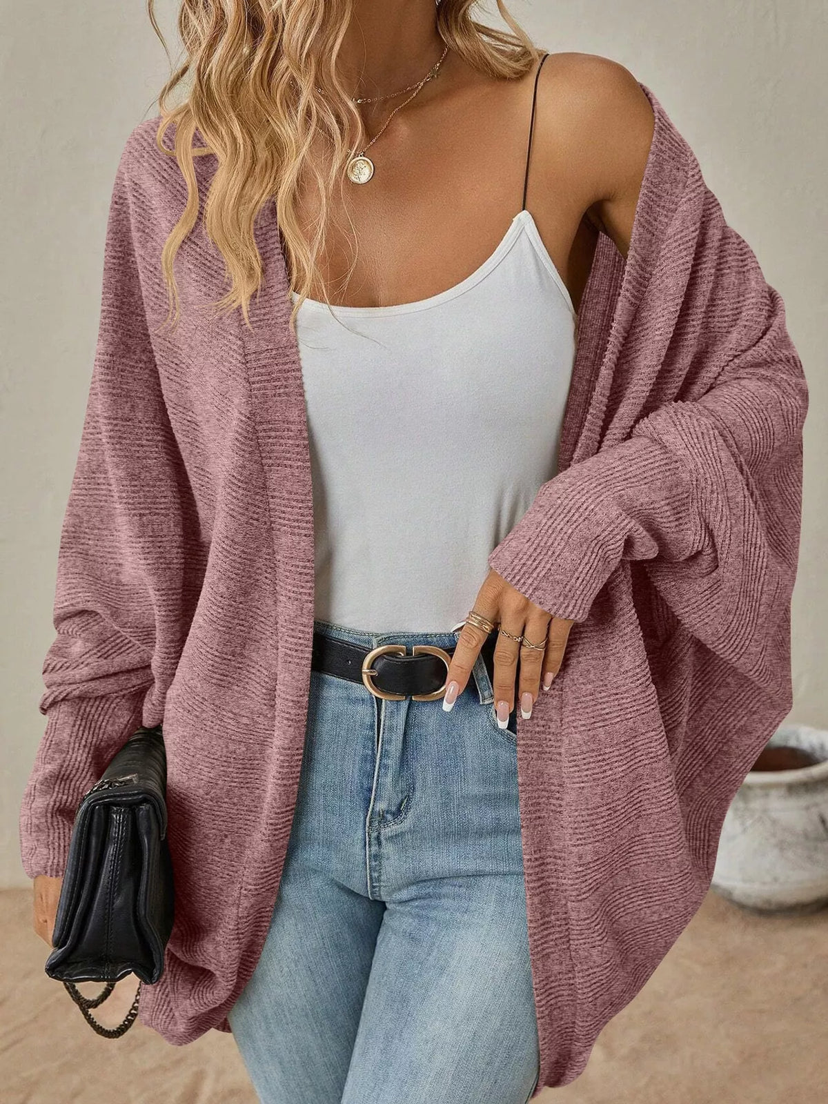 Casual Open Front Batwing Sleeve Ribbed Knit Cardigan