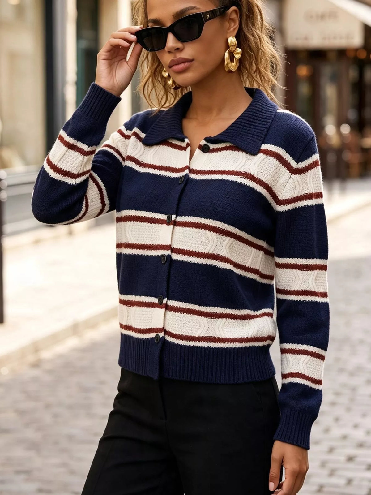 Vintage-Inspired Striped Knit Cardigan with Polo Collar