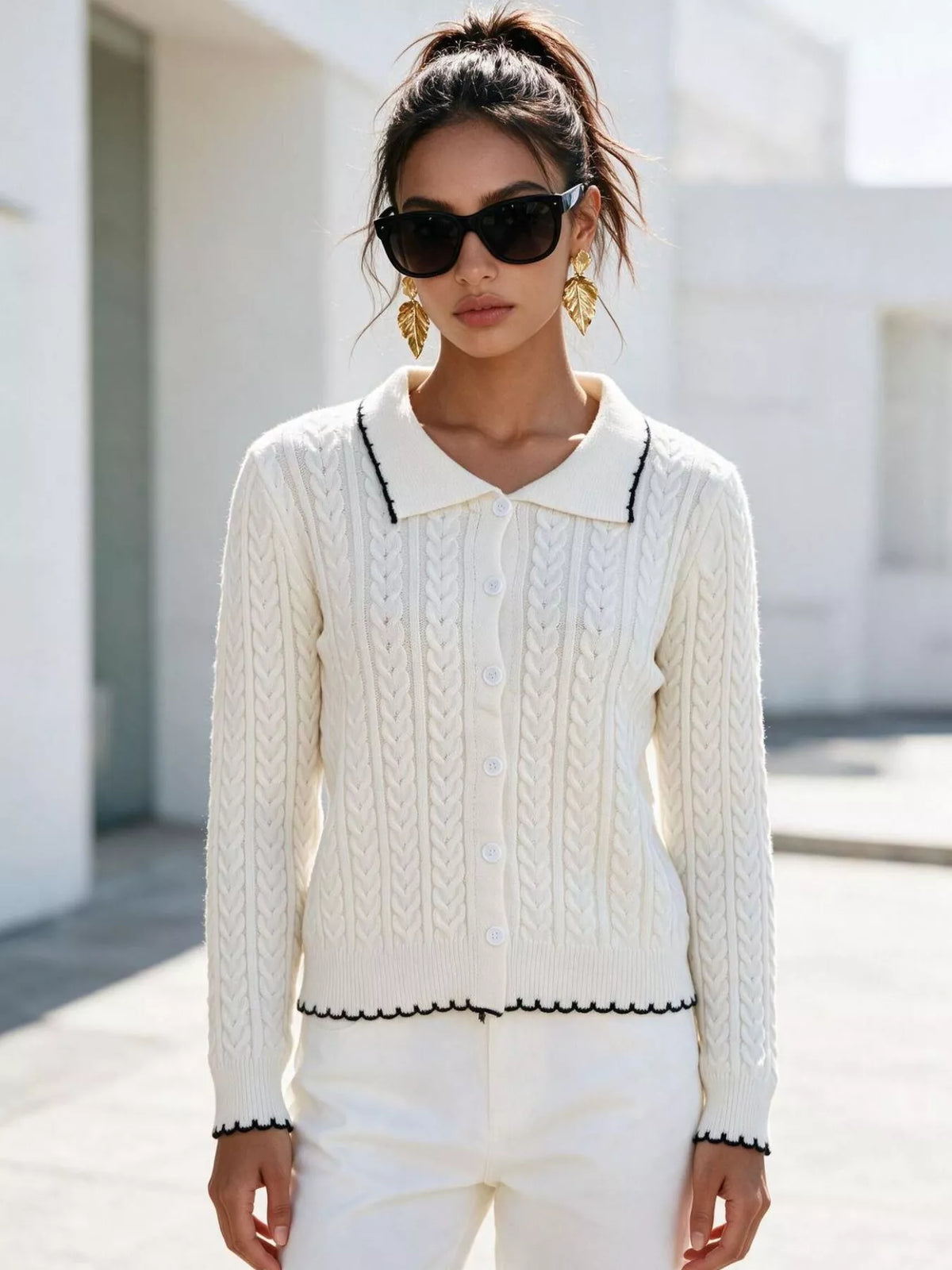 Cable Knit Polo Collar Button-Up Cardigan