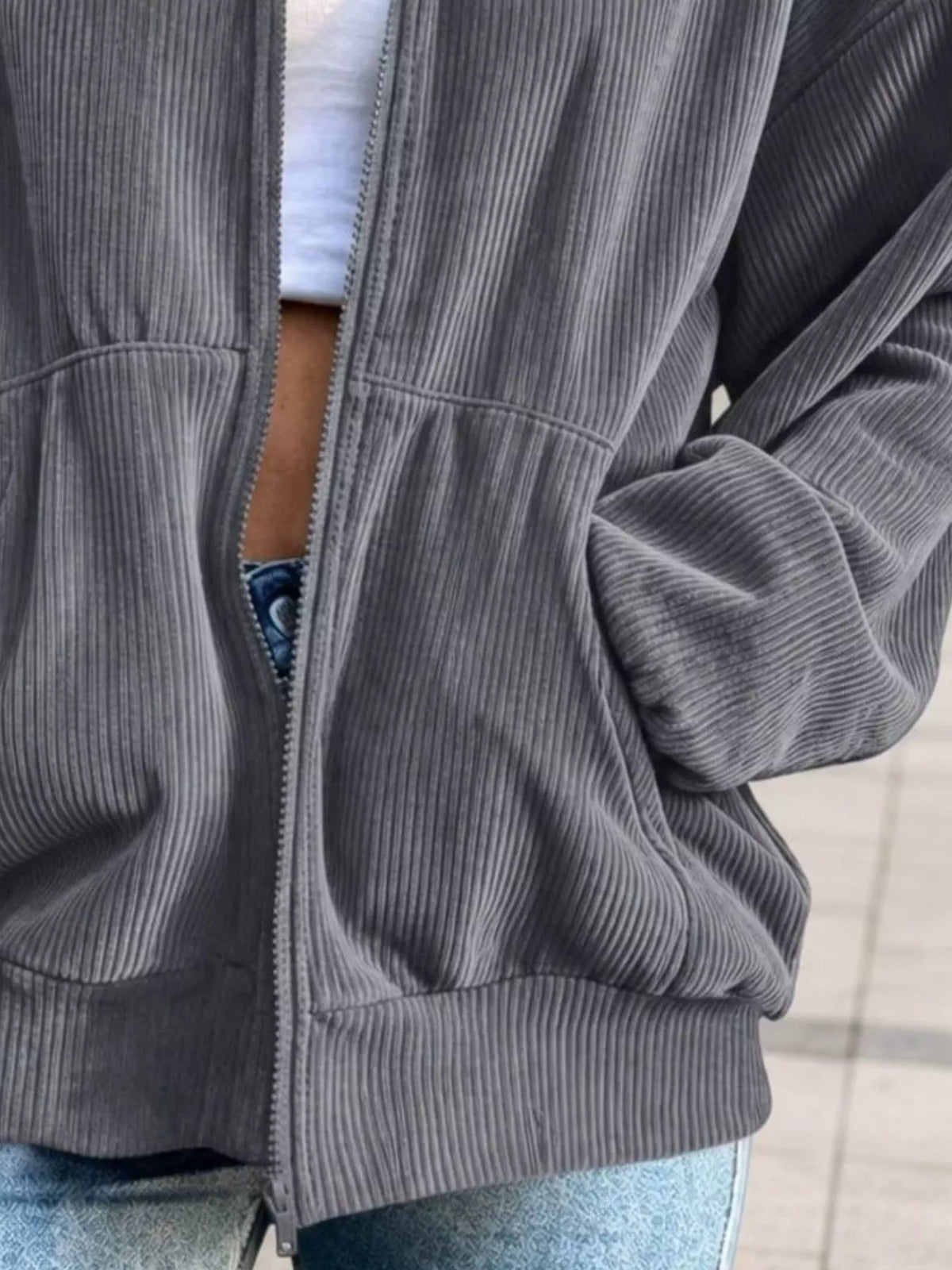 Corduroy Zip-Up Dropped Shoulder Jacket