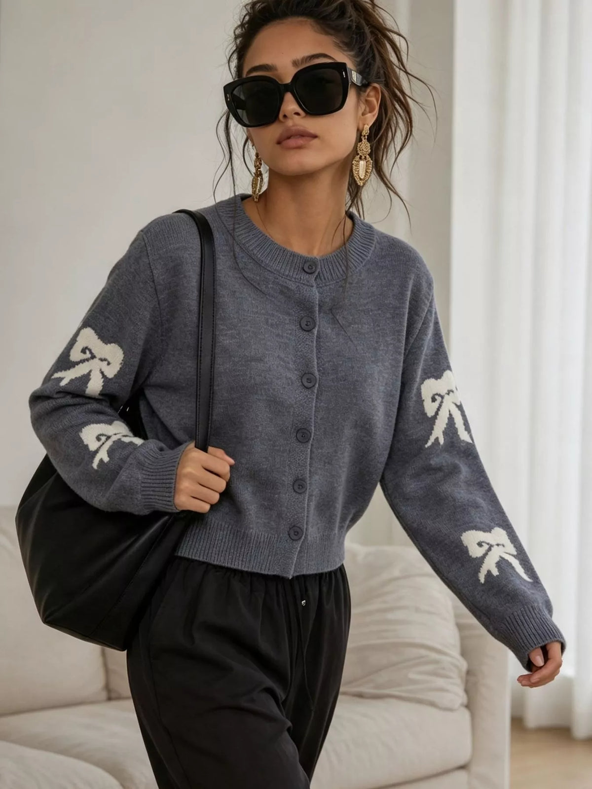 Floral Crew Neck Cropped Knit Cardigan