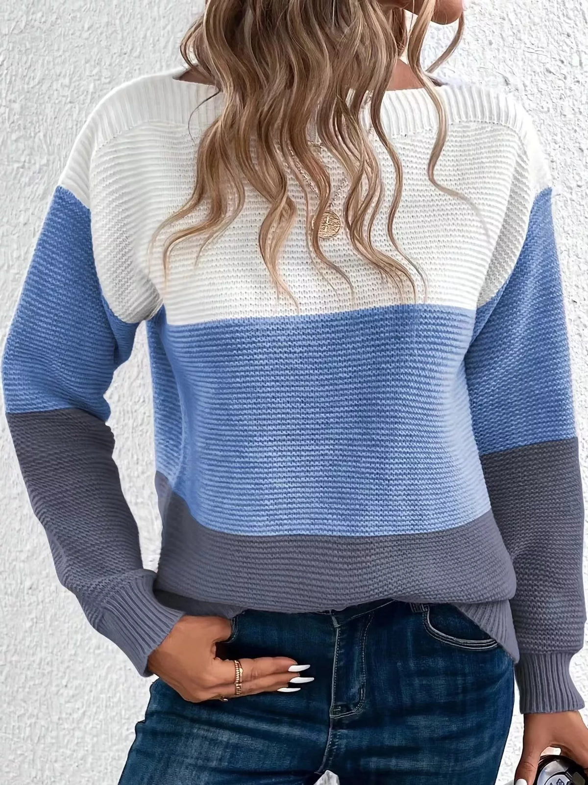 Full Size Color-Block Boat Neck Sweater Plus Size
