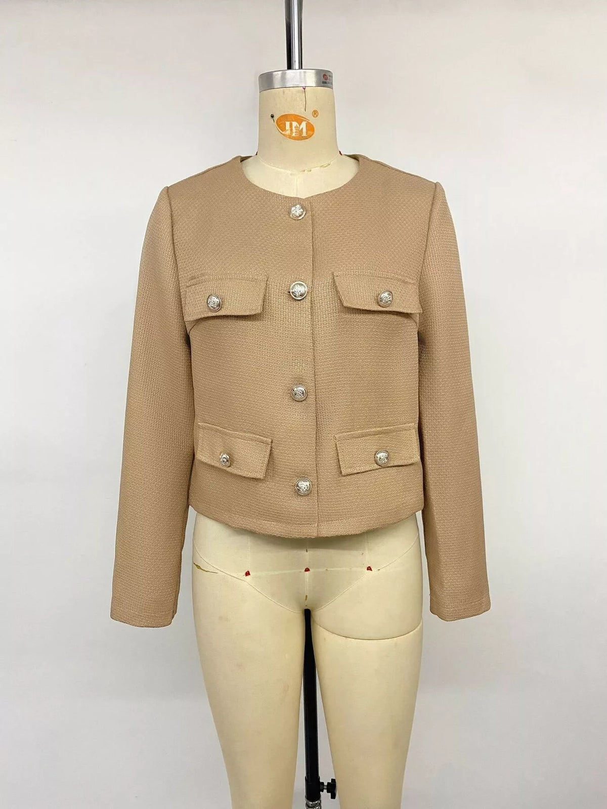 Textured Cropped Jacket with Gold-Tone Button