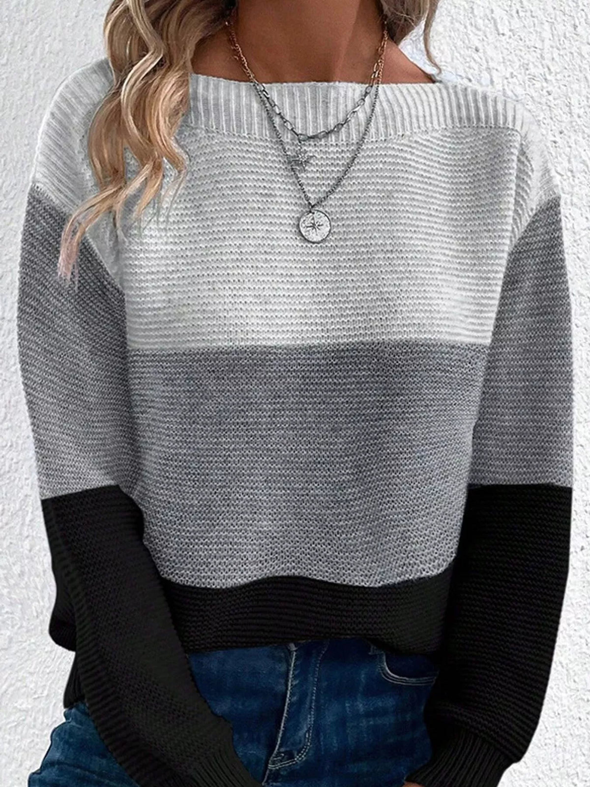 Full Size Color-Block Boat Neck Sweater Plus Size
