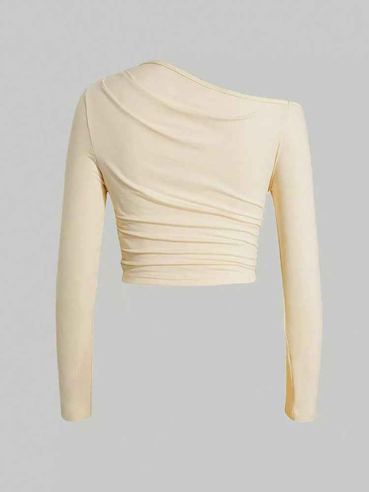 One-Shoulder Ruched Long Sleeve Crop T-Shirt