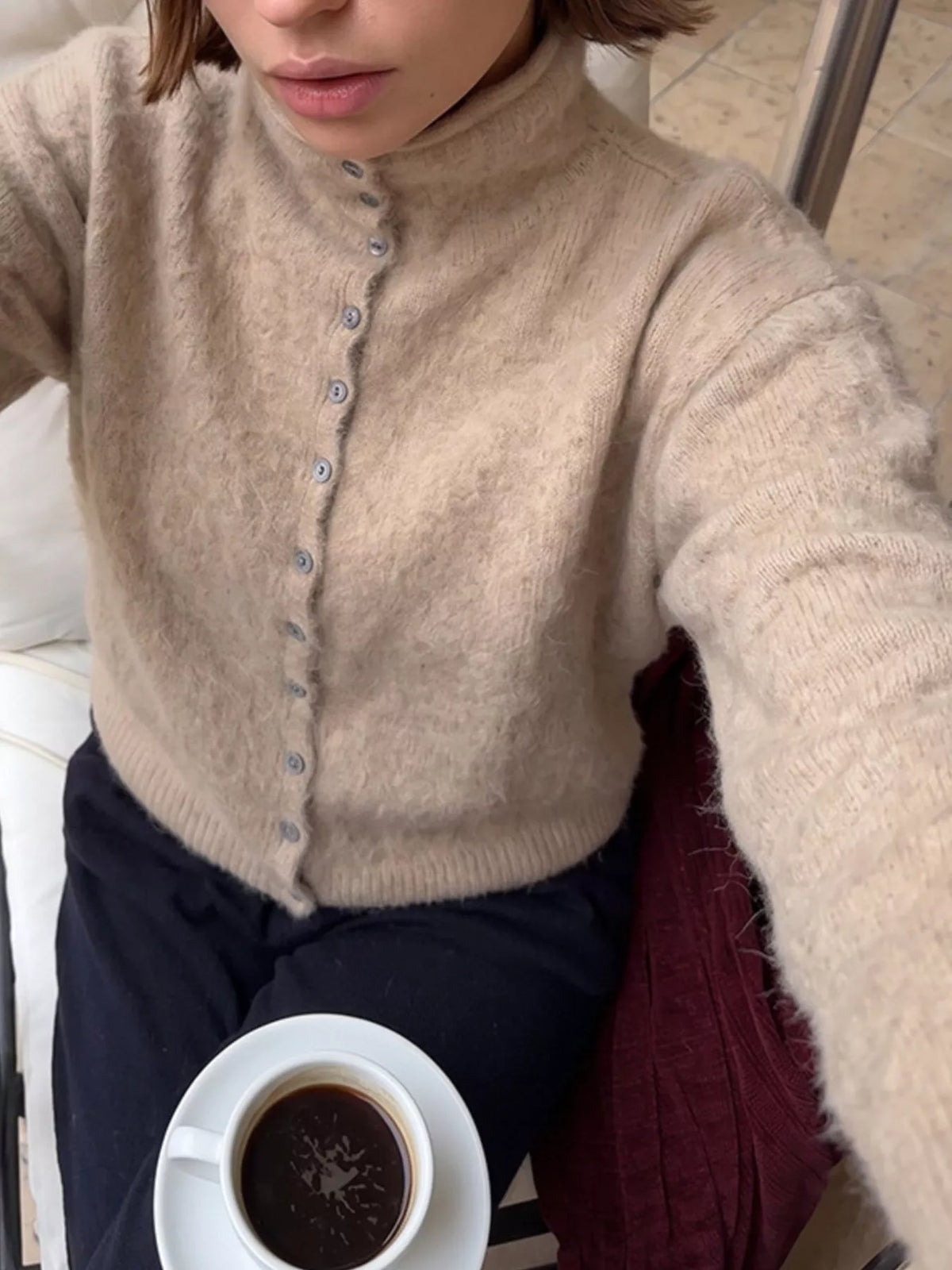 Mock Neck Button-Down Fuzzy Knit Cardigan