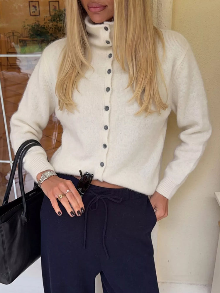 Mock Neck Button-Down Fuzzy Knit Cardigan