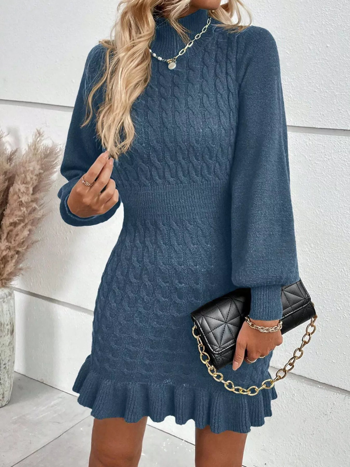 Cable Knit Mock Neck Ruffle Hem Sweater Dress