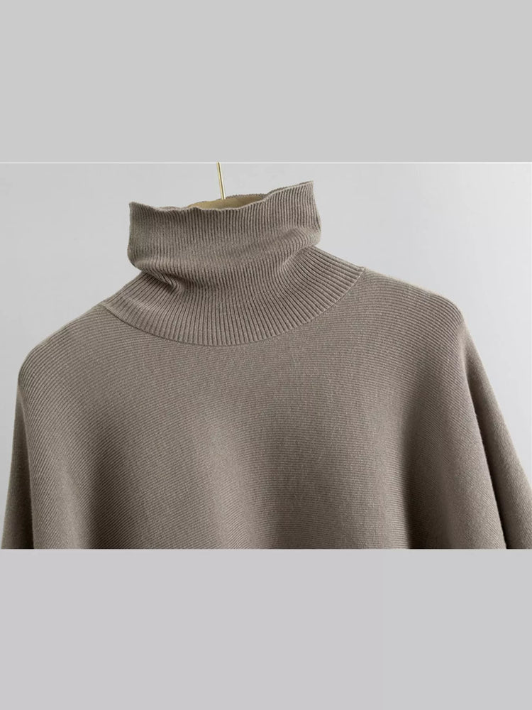 Elegant Turtleneck Poncho Sweater and Wide-Leg Knit Pants Set