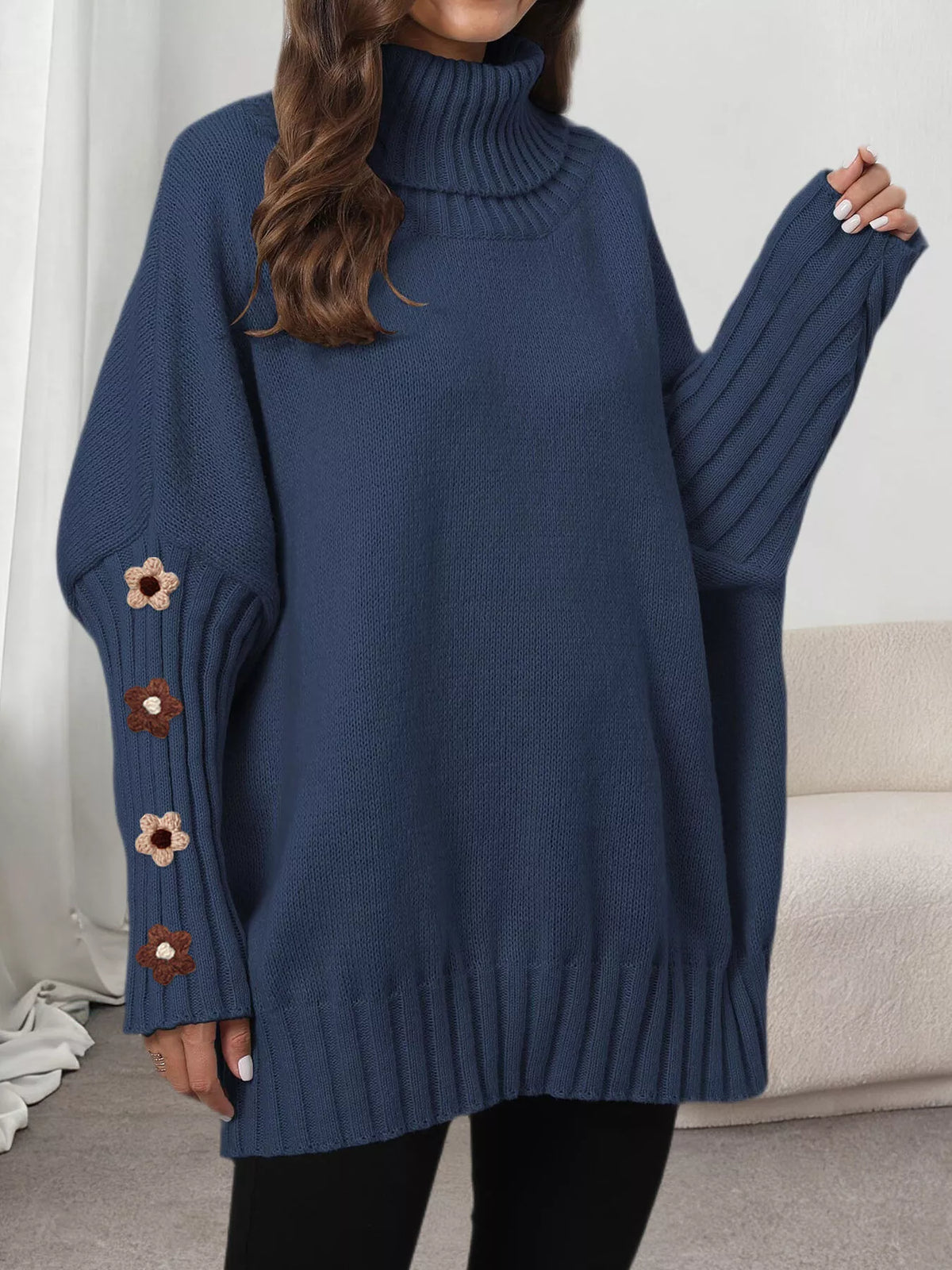 Oversized Turtleneck Sweater with Floral Applique Sleeves