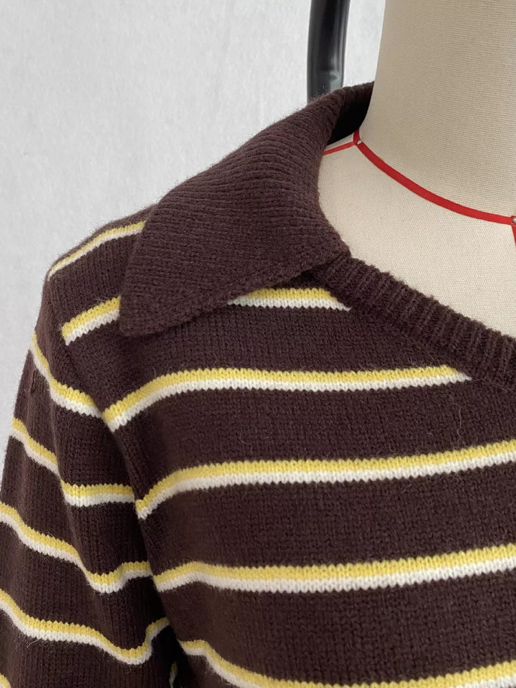 Vintage Striped Polo Collar Sweater