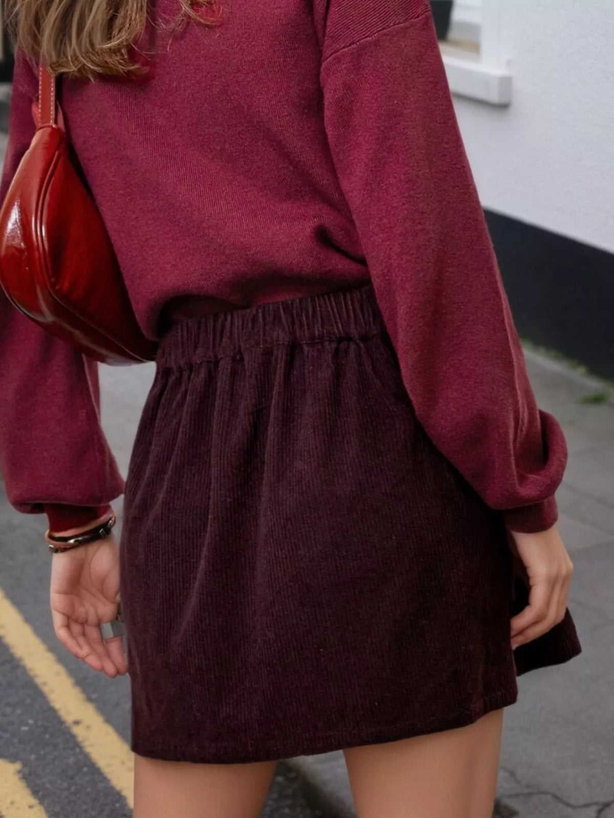 Christmas Outfit High-Waisted Corduroy Mini Skirt with Decorative Gold Buttons and Belt