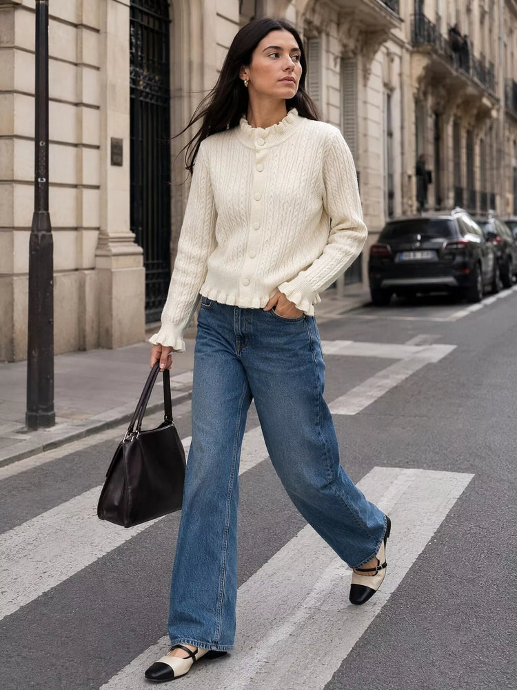 Cable-Knit Ruffle-Trim Cardigan