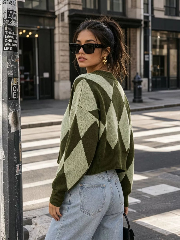 Argyle Pattern V-Neck Button-Down Cardigan
