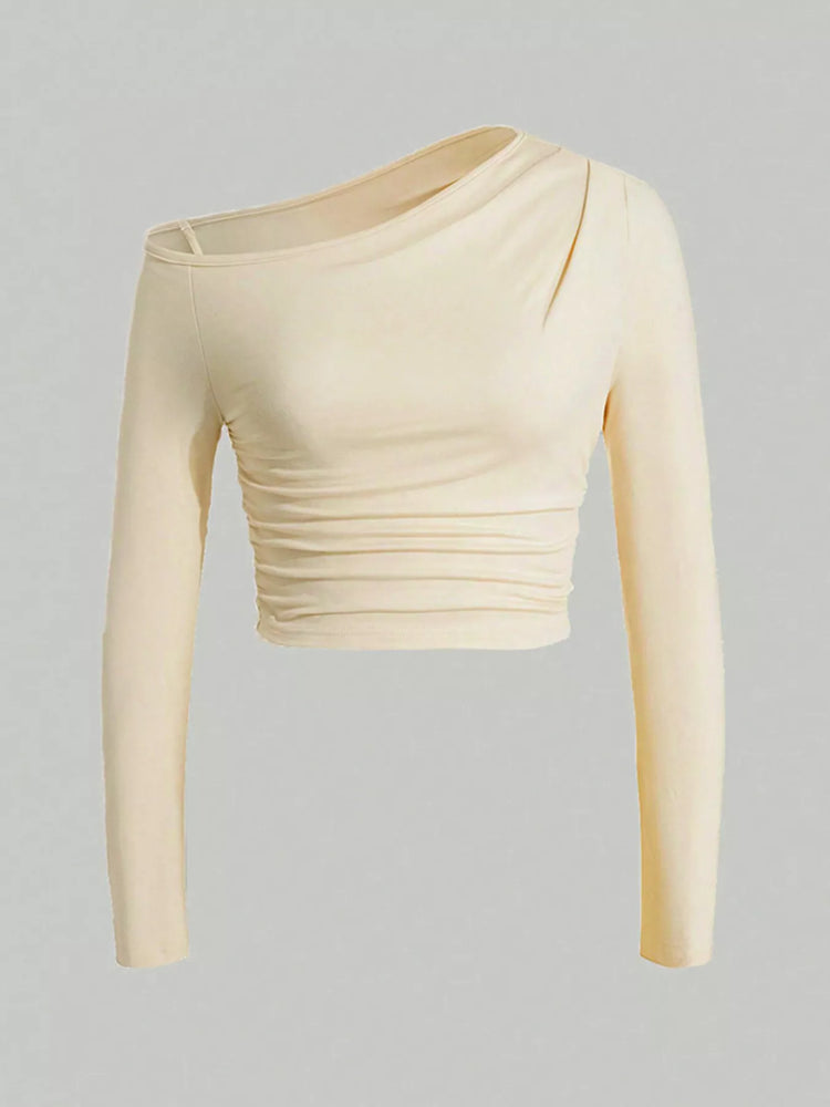 One-Shoulder Ruched Long Sleeve Crop T-Shirt
