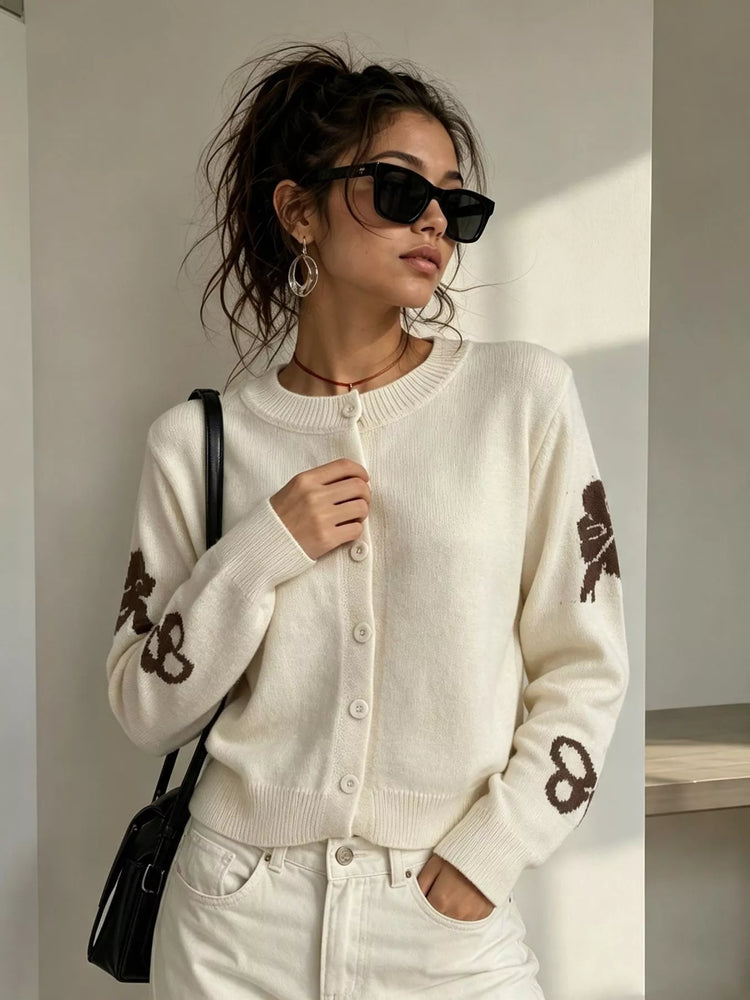 Floral Crew Neck Cropped Knit Cardigan