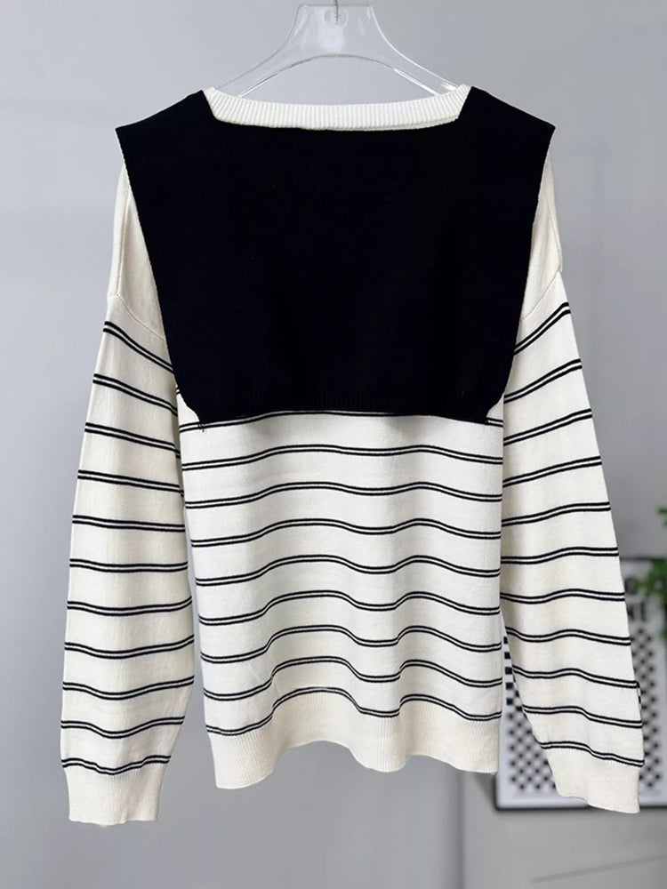 Classic Striped Crewneck Knit Top with Layered Sweater Detail