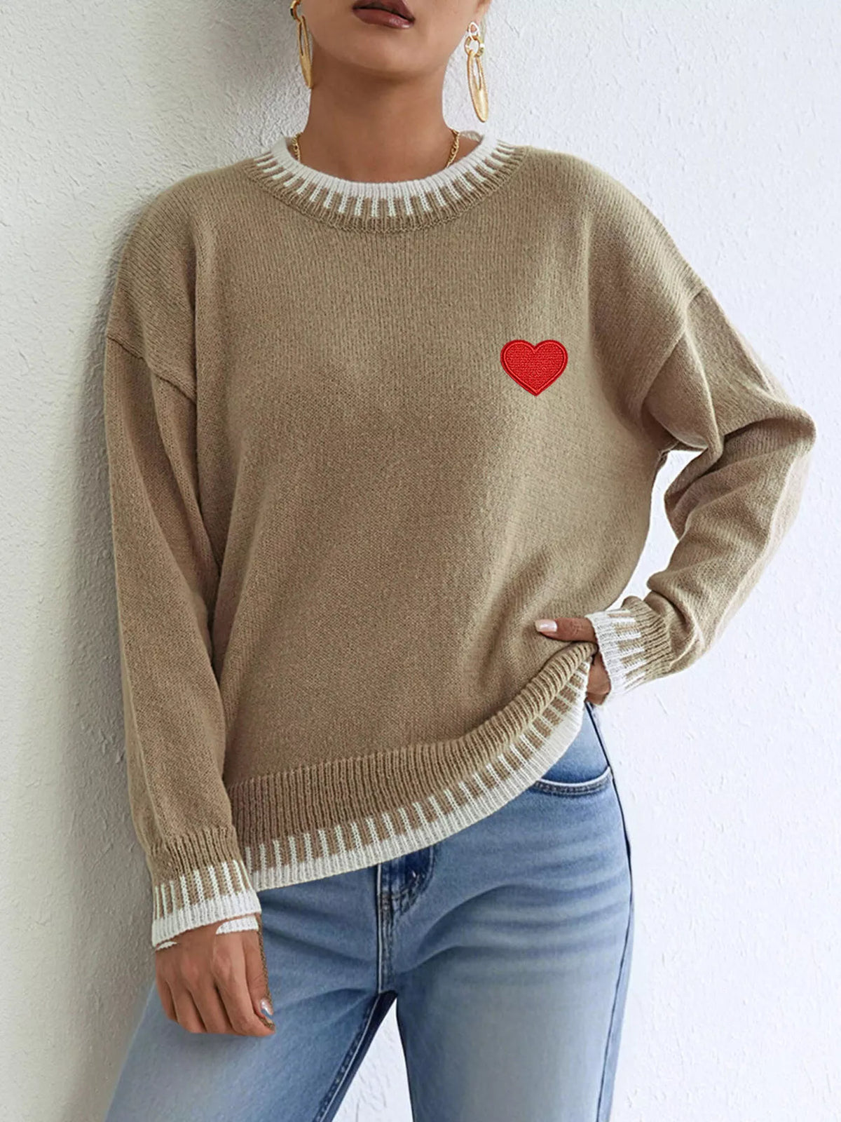 Heart-Embroidered Contrast Trim Sweater