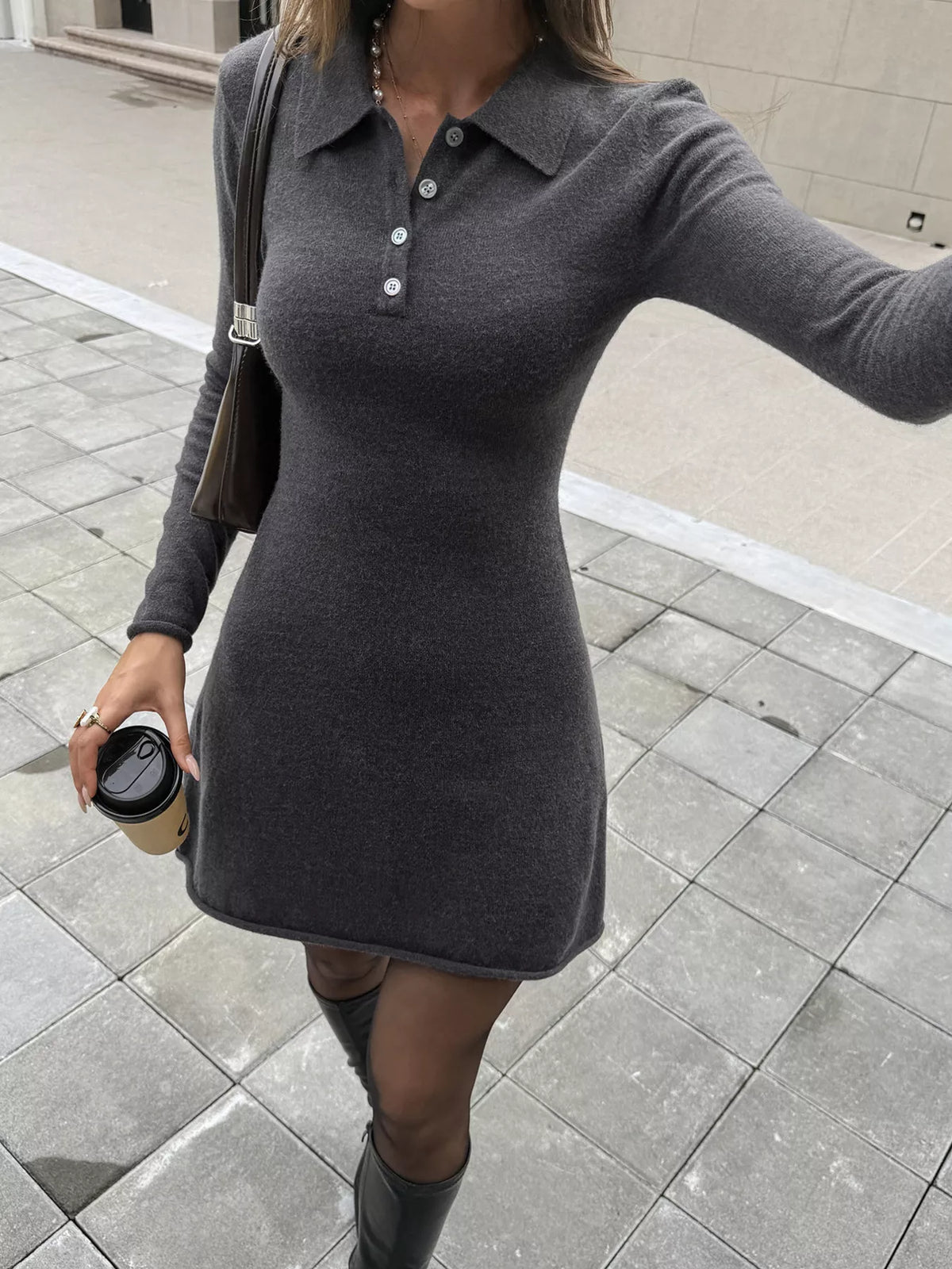 Elegant Slim-Fit Polo Collar Long Sleeve Sweater Dress
