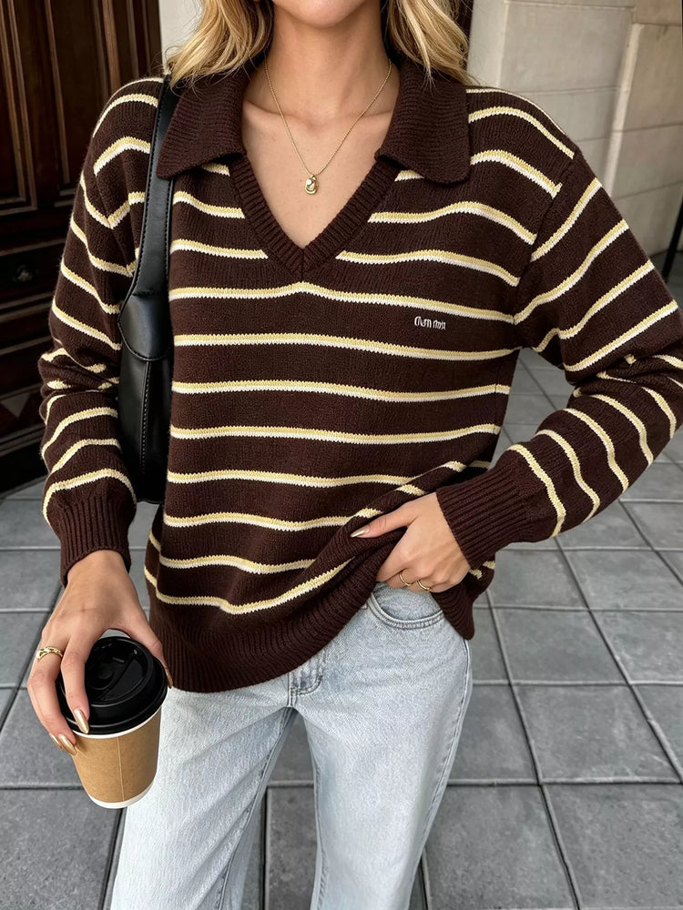 Vintage Striped Polo Collar Sweater