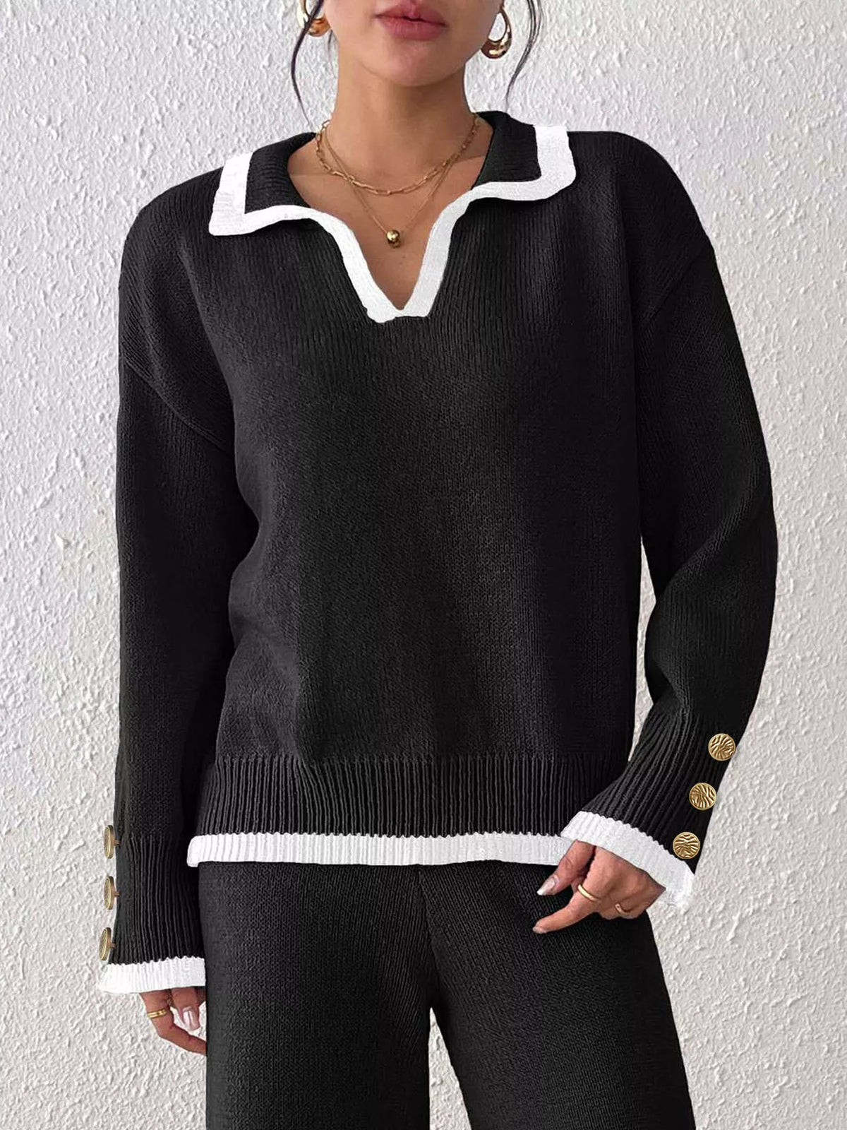Contrast Trim Polo Collar Sweater