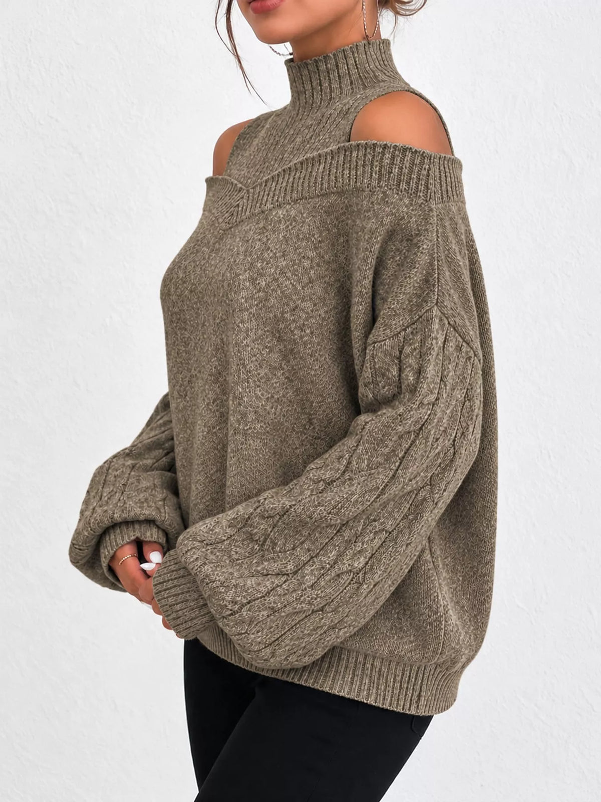 Full Size Cold Shoulder Mock Neck Cable Knit Sweater Plus Size