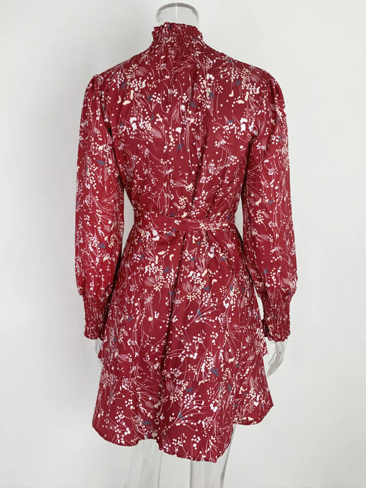 Plus Size Floral Print Mock Neck Long Sleeve Ruffle Hem Mini Dress