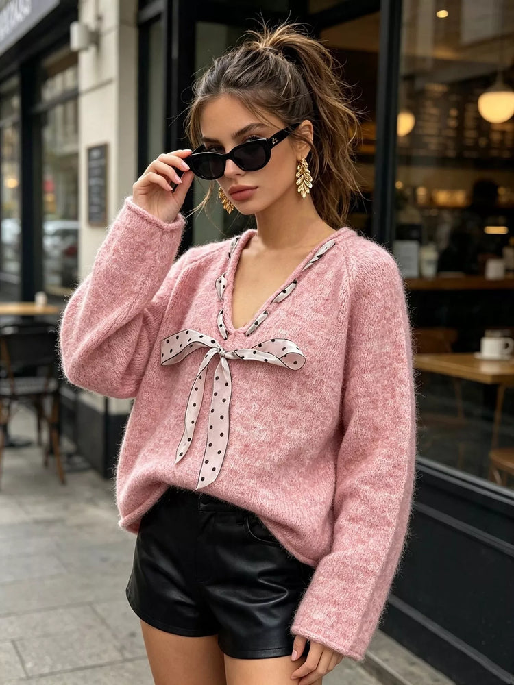 Chic V-Neck Sweater with Polka Dot Ribbon Tie