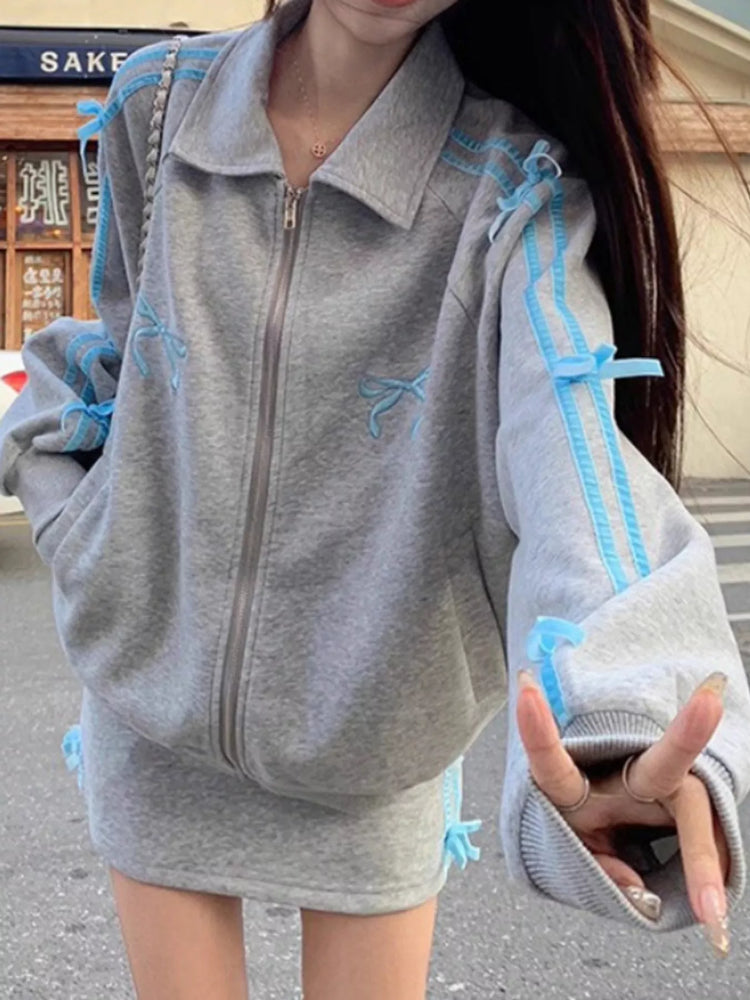 Bow Embroidered Zip-Up Sweatshirt