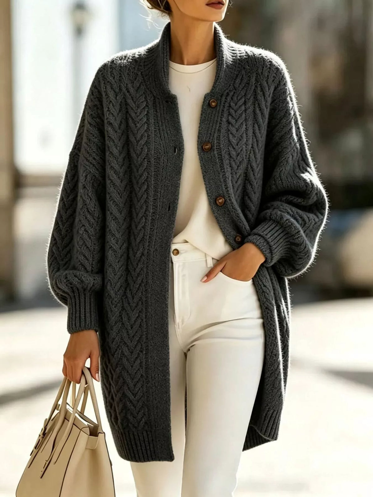 Full Size Cable-Knit Button-Down Cardigan Plus Size